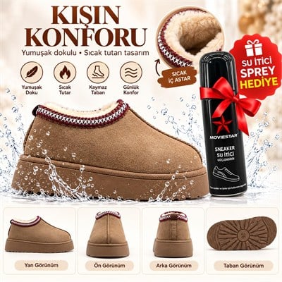Look Life Nakış Detaylı İçi Kürklü Yüksek Taban Süet Ultra Mini Kadın Bot + Su İtici Sprey Hediye
