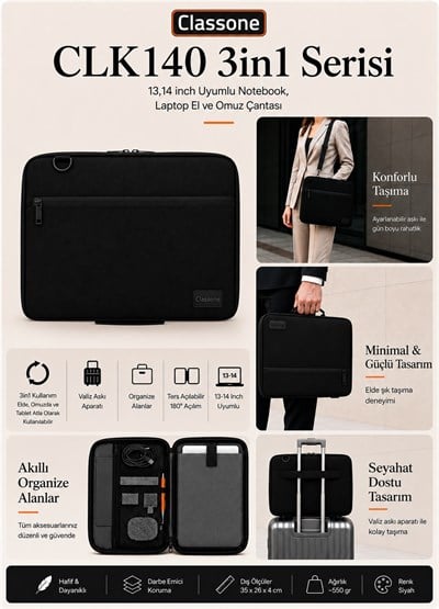 Classone 3in1 Serisi CLK140 13,14 inch Uyumlu Tablet Laptop El ve Omuz Çantası Siyah