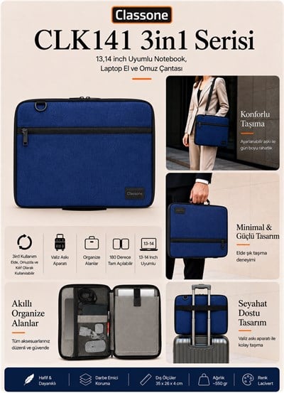 Classone 3in1 Serisi CLK141 13,14 inch Uyumlu Tablet Laptop El ve Omuz Çantası Lacivert