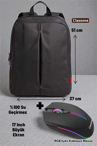 Classone PR-R174 Su Geçirmez Kumaş 17 Inch Laptop Sırt Çantası + Rgb Işıklı Kablosuz Mouse