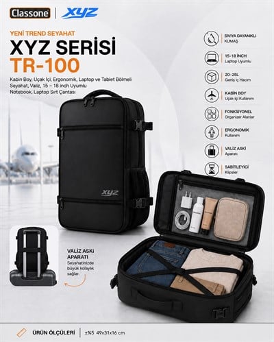 Classone XYZ TR-100 Kabin Boy Uçak İçi Ergonomik Laptop ve Tablet Bölmeli Seyahat Valiz Çanta