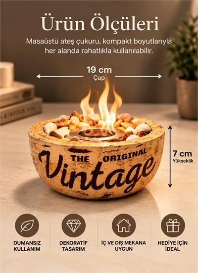 Technow Home-300 Vintage Eskitme Desen El Yapımı Masa Şöminesi Ateş Çukuru (200ml Bioetanol)