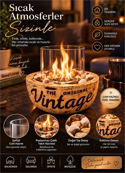 Technow Home-300C Cam Hazneli Vintage Eskitme El Yapımı Masa Şöminesi Ateş Çukuru(500ML Bioethanol)