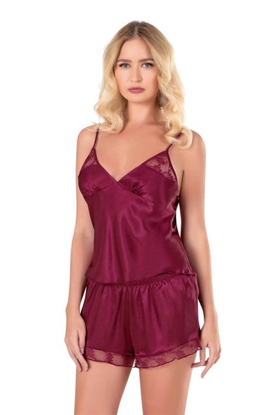 Bordo Saten Babydoll Şort Takımı