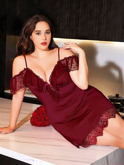 Büyük Beden Bordo Dantel İşlemeli İnce Askılı Gecelik