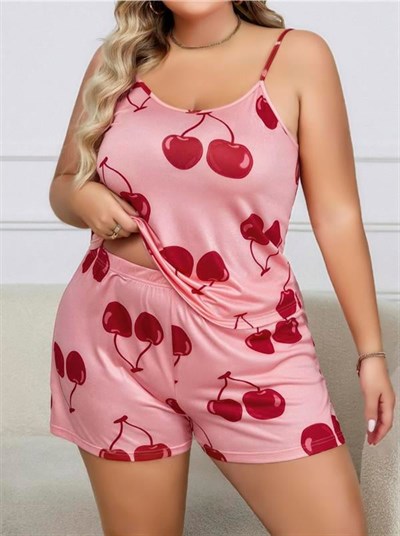 Büyük Beden Pembe Kiraz Desen İnce Askılı Pamuklu Şortlu Pijama Takımı