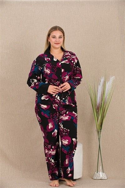 Büyük Beden Renkli Desenli Düğmeli Uzun Kol Viskon Pijama Takımı
