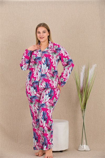 Büyük Beden Renkli Yaprak Desenli Düğmeli Uzun Kol Viskon Pijama Takımı