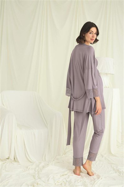 Dantelli Hamile Lohusa 3lü Pijama Takımı