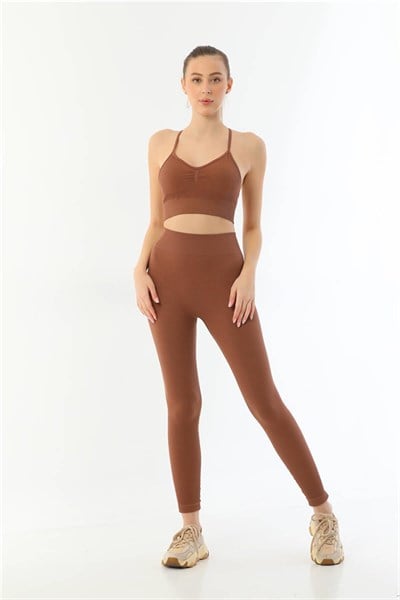 Kahve MI Emay 3921 Soft Seamless Ripli Tayt Yoga Takımı