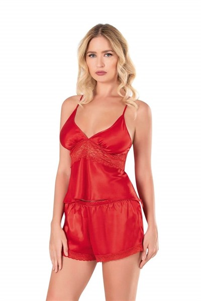 Kırmızı Saten Babydoll Şort Takımı