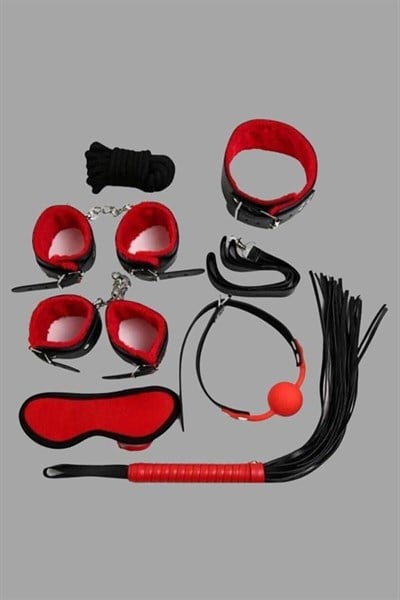 Kırmızı/Siyah İçi Tüylü Deri 7li Harness Set