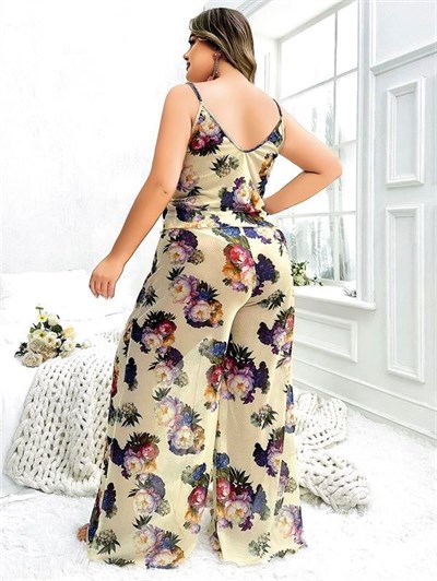 Özel Tasarım Büyük Beden Çiçek Desenli İnce Askılı 2li Pijama Takımı
