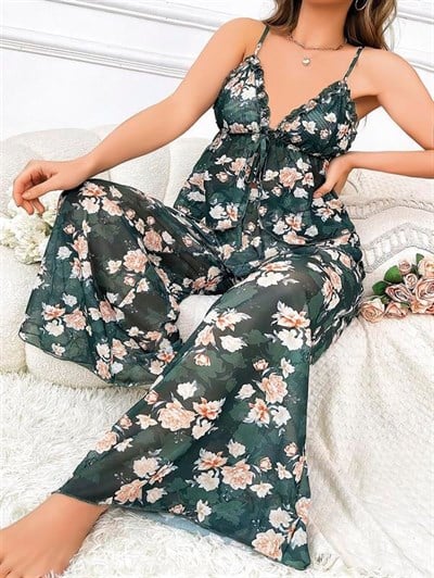 Özel Tasarım Büyük Beden Çiçek Desenli Bol Kesim 2li Pijama Takımı