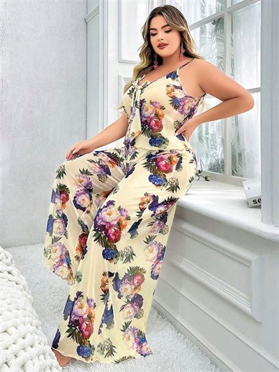 Özel Tasarım Büyük Beden Çiçek Desenli İnce Askılı 2li Pijama Takımı