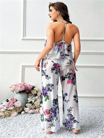 Özel Tasarım Büyük Beden Çiçek Desenli Fırfırlı 2li Pijama Takımı