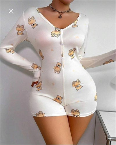 Pamuklu Beyaz Ayıcık Desenli Düğmeli Uzun Kol Tulum Pijama