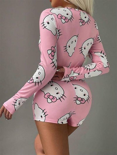 Pamuklu Pembe Hello Kitty Desenli Düğmeli Uzun Kol Tulum Pijama