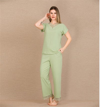 Pamuklu Şık Tasarım Dantel İşlemeli Yeşil Kısa Kol Pijama Takımı