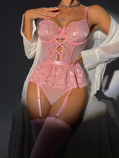 Pembe Dantel İşlemeli Kalp Desenli Fantezi Jartiyer Takımı