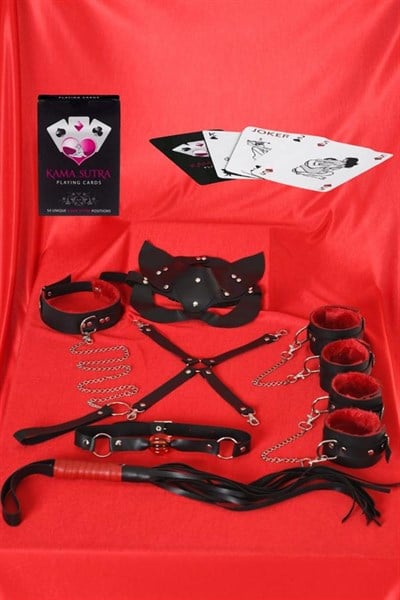 Sexy Görselli Oyun Kartı Kama Sutra 7li Kırmızı Siyah Harness Set