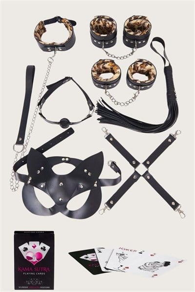 Sexy Görselli Oyun Kartı Kama Sutra 7li Leopar Harness Set