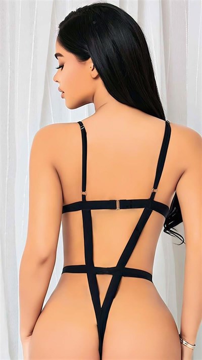 Siyah İp Detaylı Tül Fantezi Body