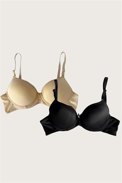 Siyah-Ten 2li Mikro Kumaş Push Up Dolgulu Balenli Günlük Destekli Sütyen