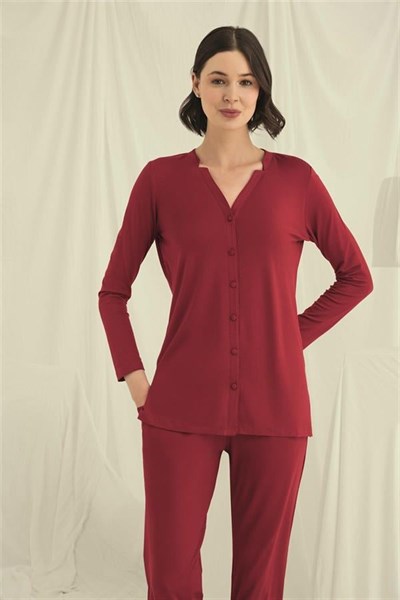 Uzun Kollu Boydan Düğmeli V Yaka Pijama Takımı