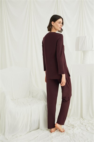 Uzun Kollu Boydan Düğmeli V Yaka Pijama Takımı