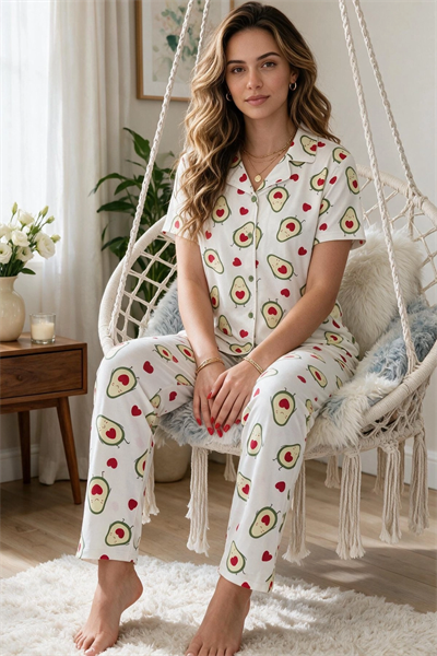 Avokado Desenli Kısa Kollu Gömlek Yaka Milan Kumaş Kadın Pijama Takımı