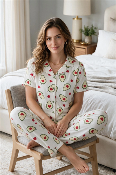 Avokado Desenli Kısa Kollu Gömlek Yaka Milan Kumaş Kadın Pijama Takımı
