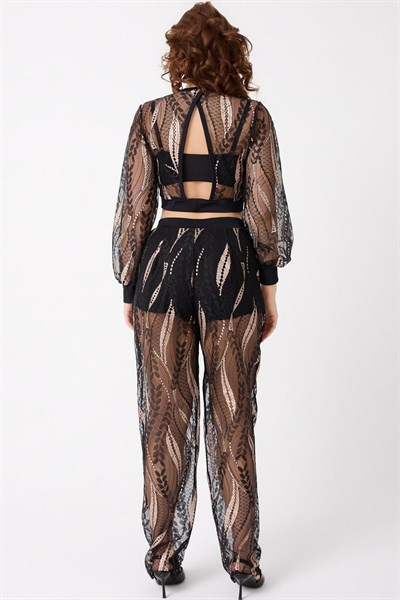 BRALET SÜTYEN TRANSPARAN GÖMLEK VE PANTOLON TAKIM SİYAH (MGP32486)