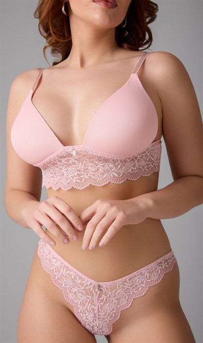 DANTEL DETAYLI BRALET SÜTYEN VE SLİP KÜLOT TAKIM PUDRA (MGP32371)