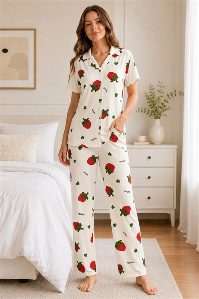 Ekru Çilek Desenli Kısa Kollu Gömlek Yaka Milan Kumaş Kadın Pijama Takımı