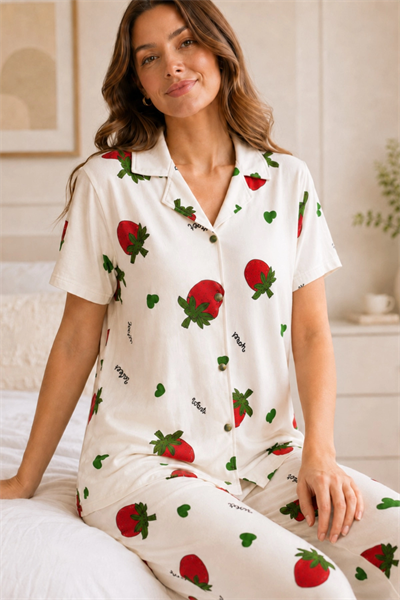 Ekru Çilek Desenli Kısa Kollu Gömlek Yaka Milan Kumaş Kadın Pijama Takımı