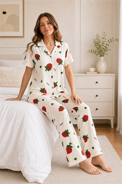 Ekru Çilek Desenli Kısa Kollu Gömlek Yaka Milan Kumaş Kadın Pijama Takımı