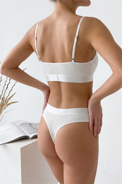 Kadın Ekru Çıkarılabilir Pedli Fitilli Dantelli Bralet Takımı