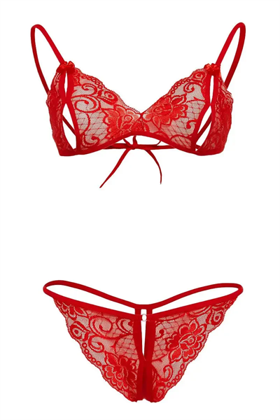Kırmızı Dantelli Fantazi Sütyen ve G-String Takım TM2048
