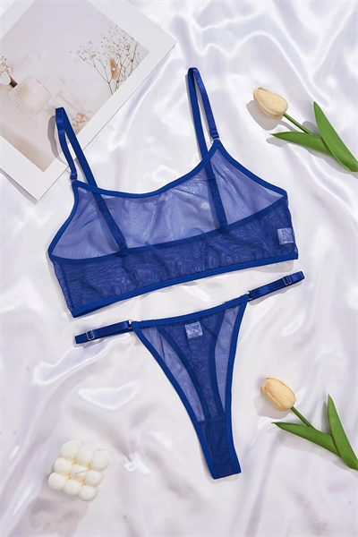 Mavi Transparan Tül Bralet Tanga İç Giyim Takımı TM1389