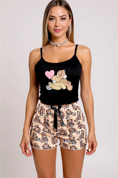 Renkli Ayıcık Desenli Askılı Şortlu Kadın Pijama Takımı