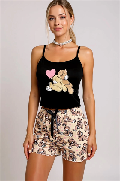 Renkli Ayıcık Desenli Askılı Şortlu Kadın Pijama Takımı