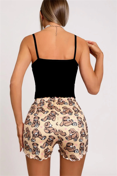 Renkli Ayıcık Desenli Askılı Şortlu Kadın Pijama Takımı