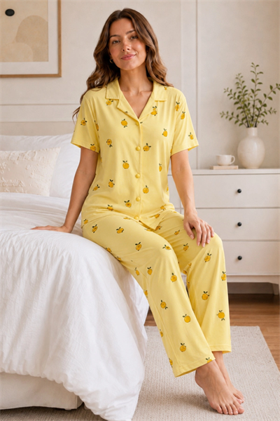 Sarı Limon Desenli Kısa Kollu Gömlek Yaka Milan Kumaş Kadın Pijama Takımı