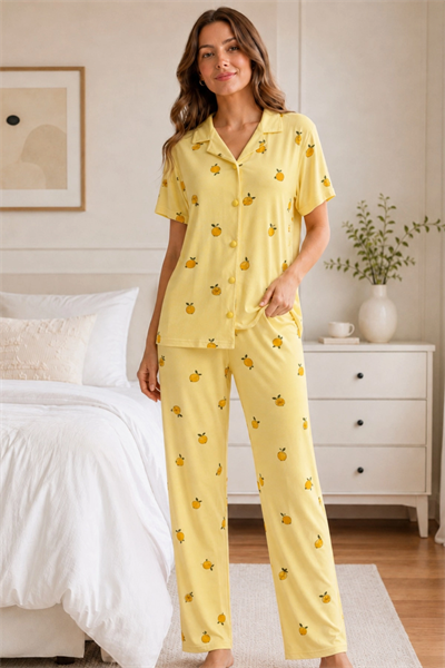 Sarı Limon Desenli Kısa Kollu Gömlek Yaka Milan Kumaş Kadın Pijama Takımı