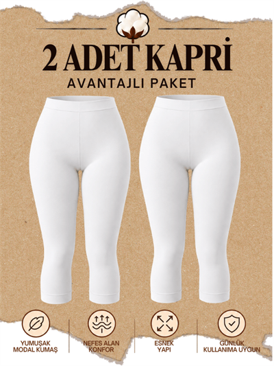 2'Li Kadın Beyaz Modal Kapri Tayt Diz Altı Esnek Spor Kapri Tayt - 1003