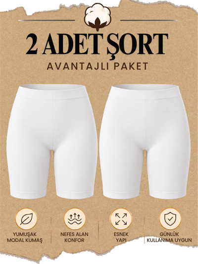 2'Li Kadın Beyaz Modal Şort Tayt Rahat Esnek Spor Şort Tayt - 1004