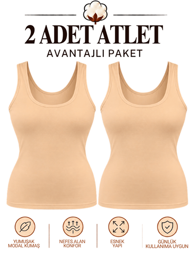 2'Li Kadın Modal Askılı Basic Atlet Bej - 1002