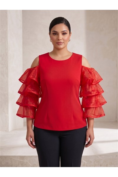 BÜYÜK BEDEN ORGANZE VOLAN KOL ELEGANT BLUZ