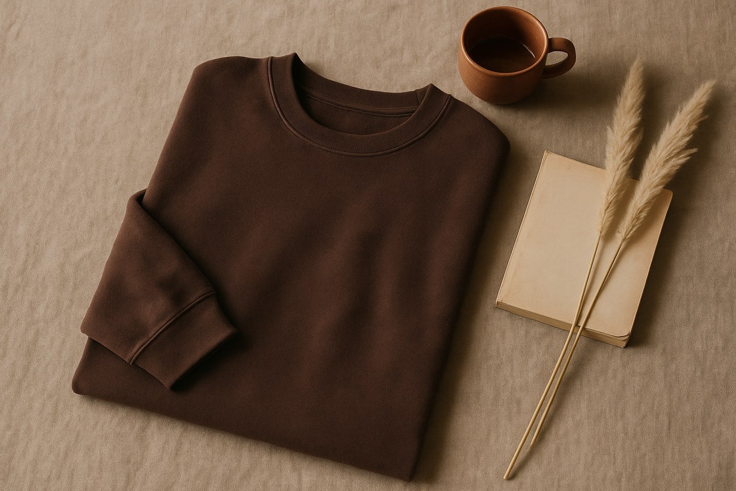 Kahverengi oversize bisiklet yaka sweatshirt düz bir zemin üzerinde düzenli biçimde katlanmış, yanında küçük bir seramik kupa ve kurumuş bitkilerle birlikte editoryal flatlay kompozisyon